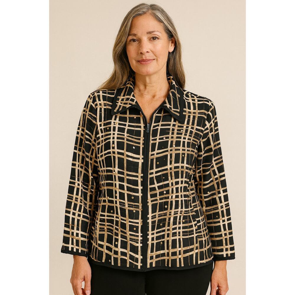 Silkland vintage silk sequin geometric full zip shaket jacket sparkle L large ^^